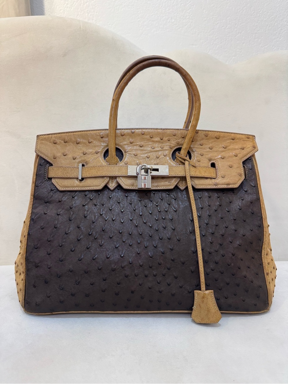 Vintage Ostrich Leather Top Handle Bag YH.KIM Brown Structured Lock Key